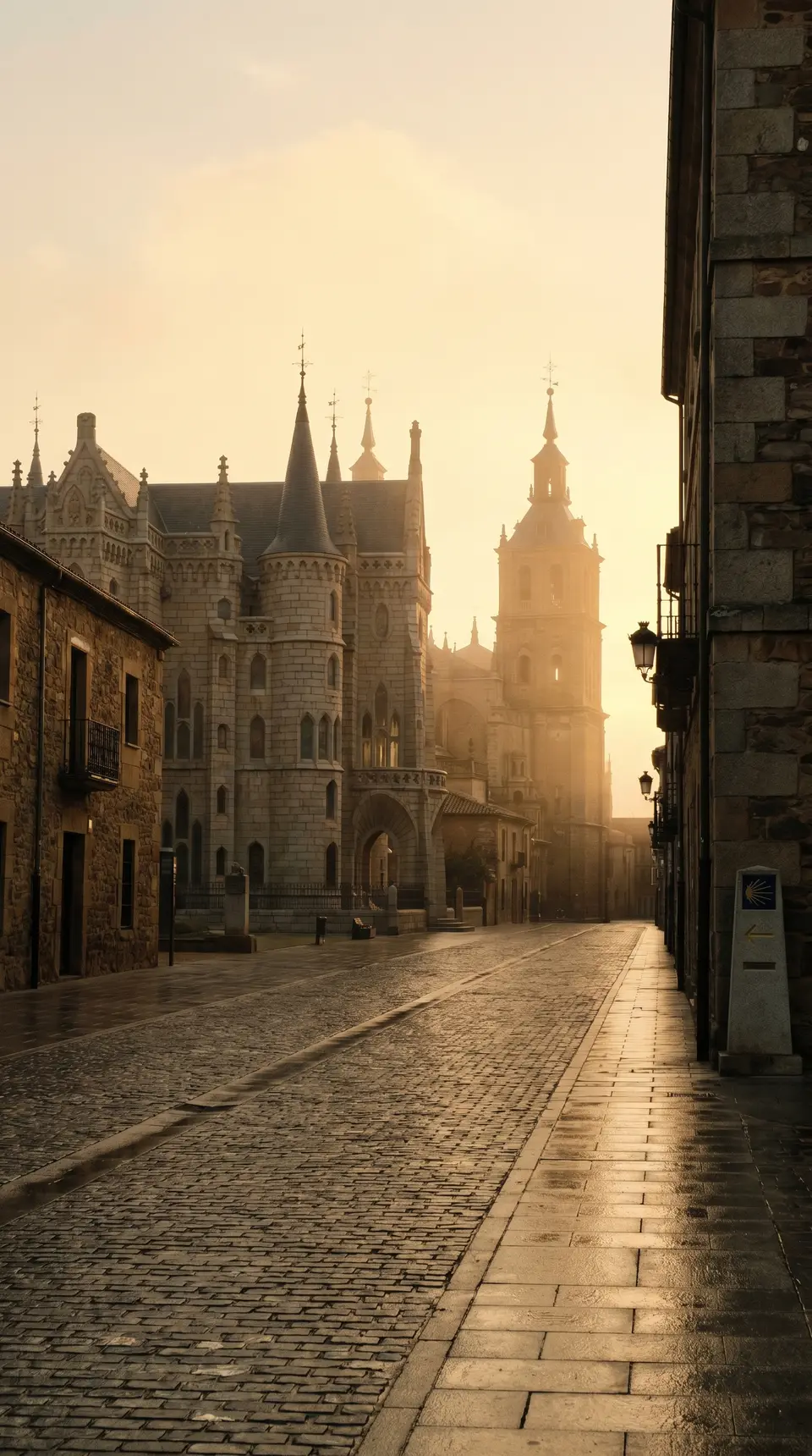 Astorga at dawn, with the Episcopal Palace and cathedral towers