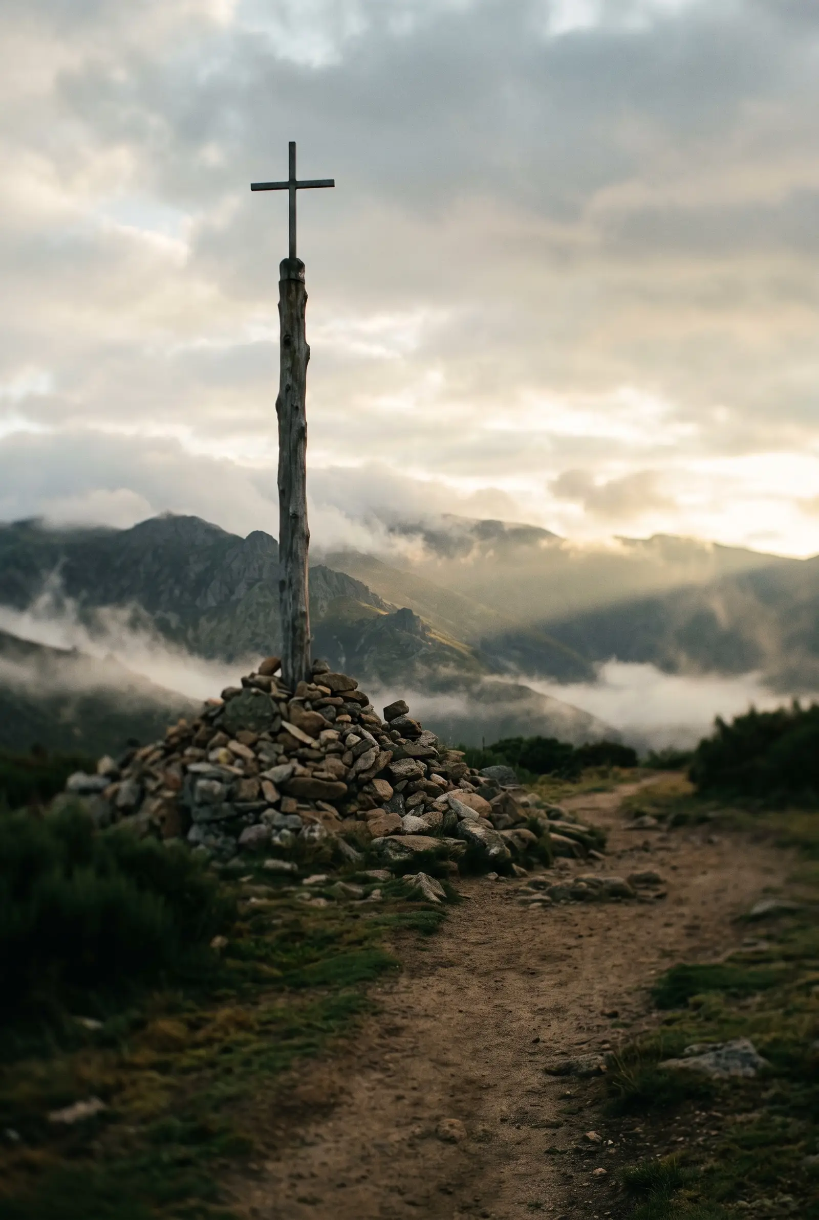 The Cruz de Ferro above its mound of pilgrim stones, in the mist of the León mountains