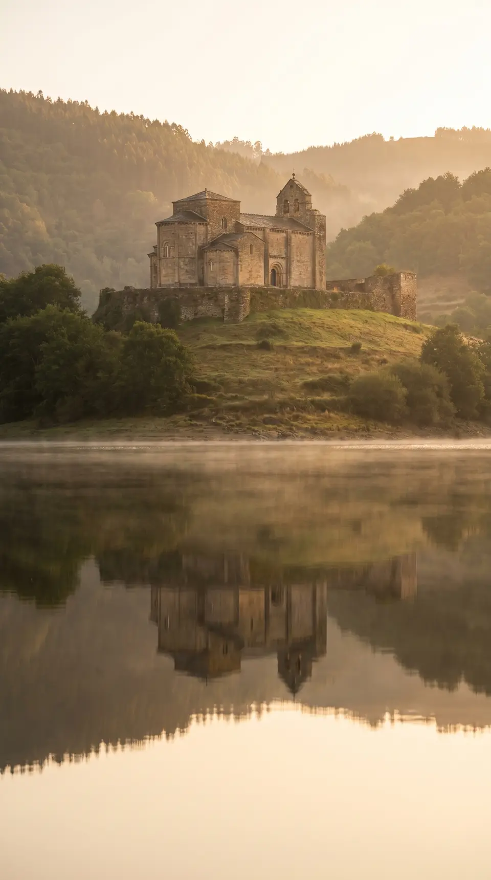 The fortress-church of Portomarín above the Belesar reservoir