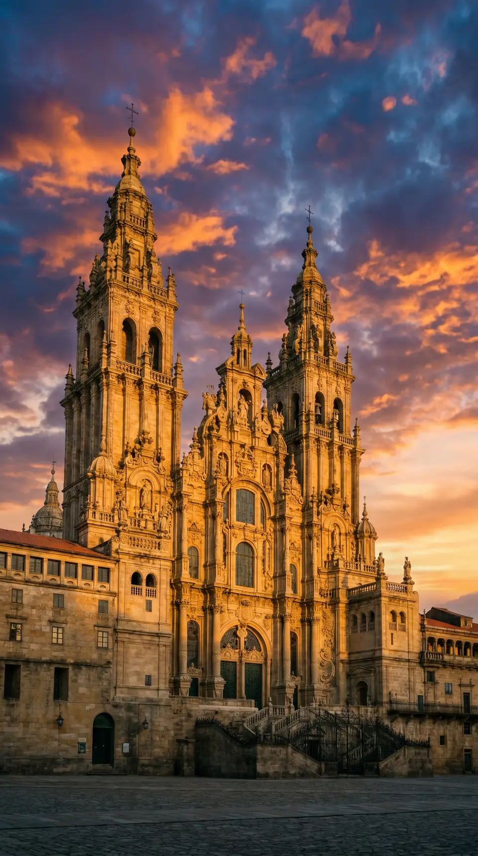 The Obradoiro facade of Santiago Cathedral at sunset