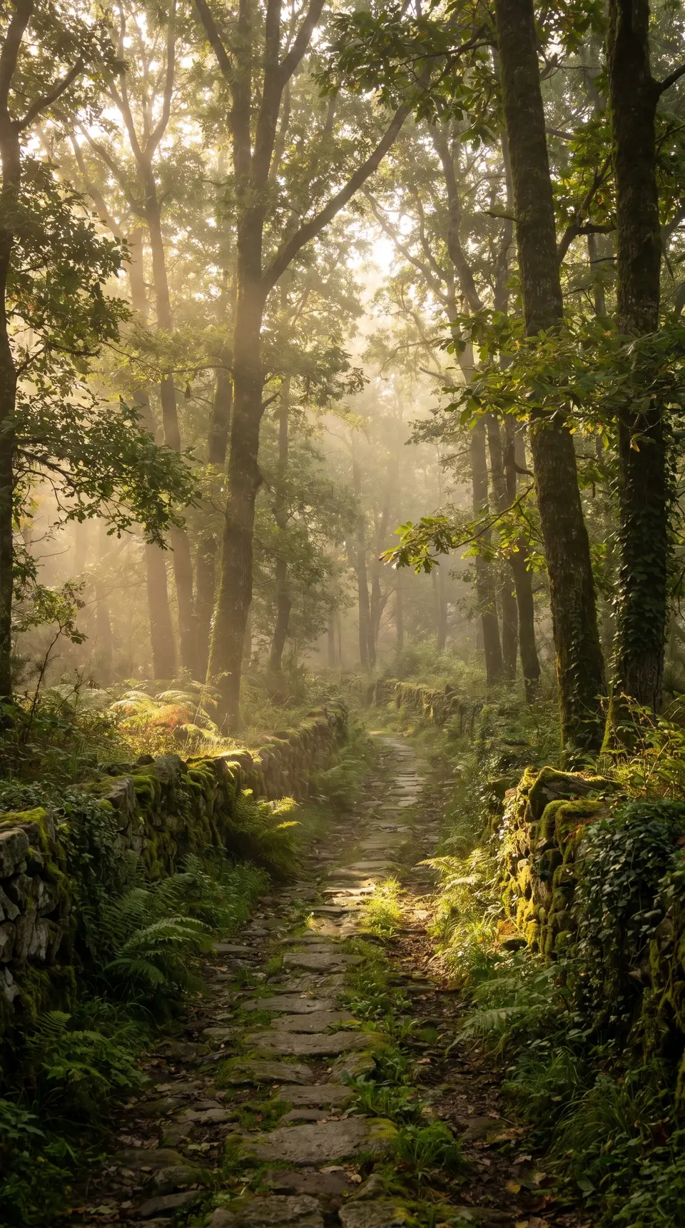 Stone path through the green Galician forest near Sarria