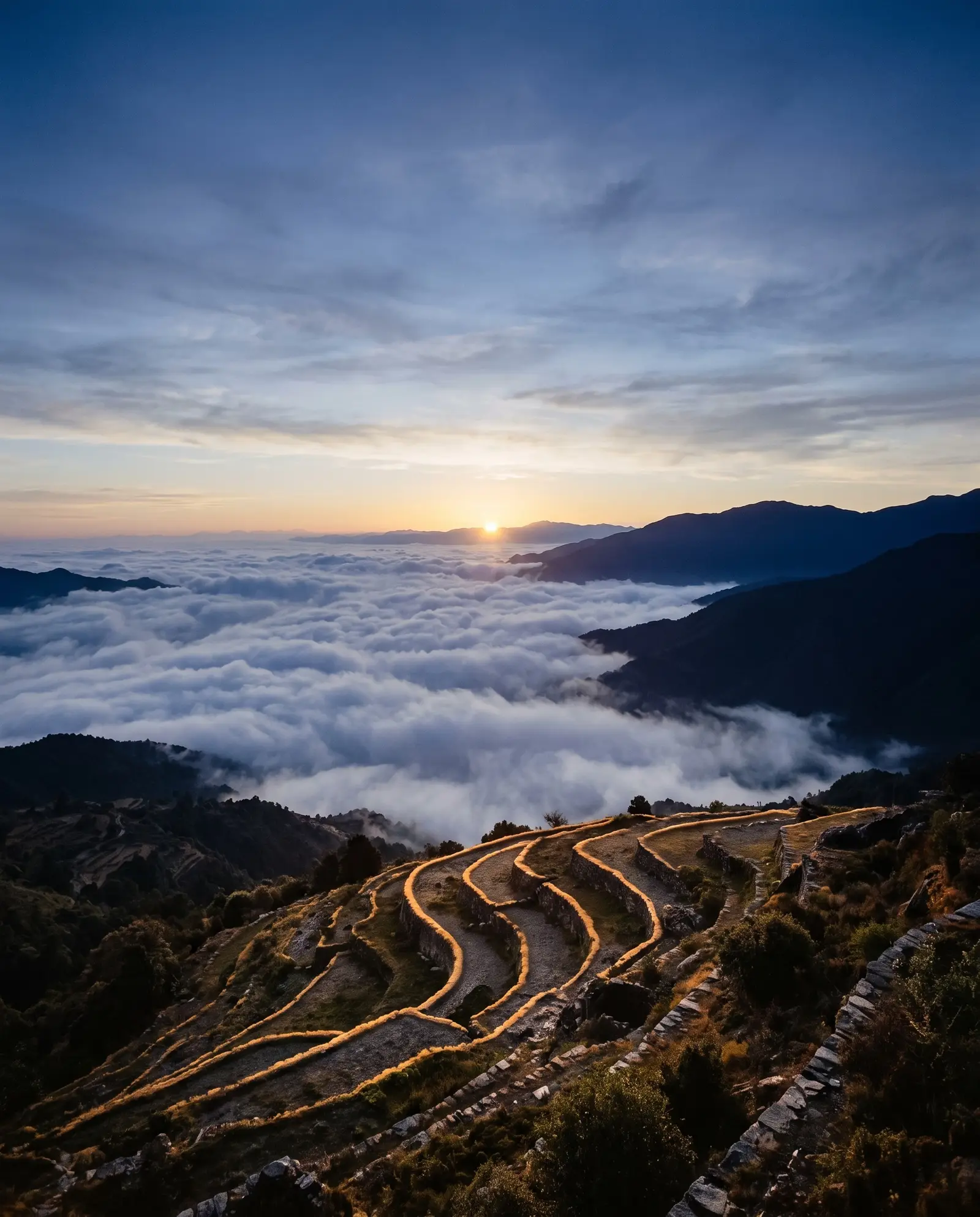 Terrazas incas al amanecer sobre un mar de nubes en los Andes