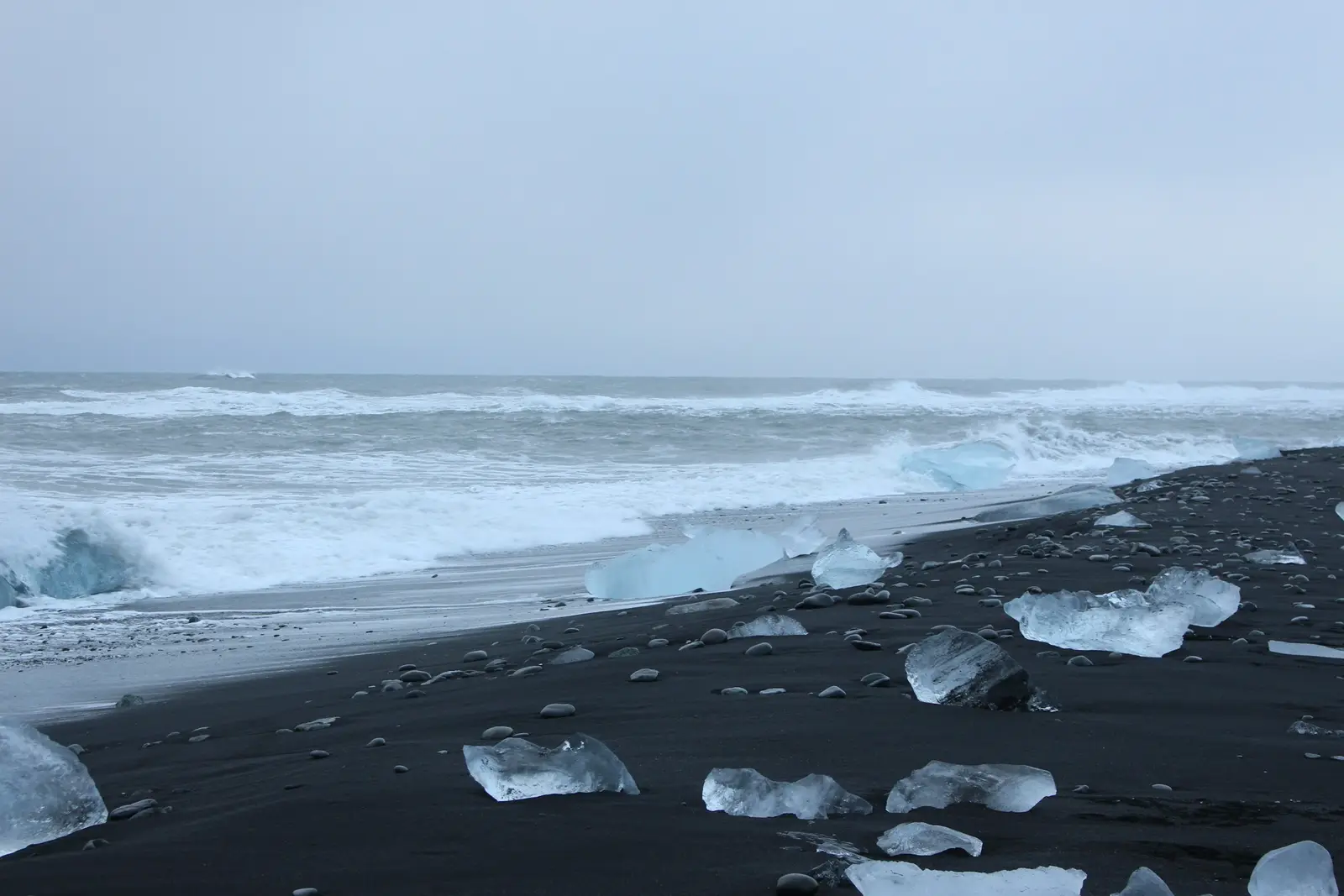 Ice chunks glittering on the black sand of Diamond Beach