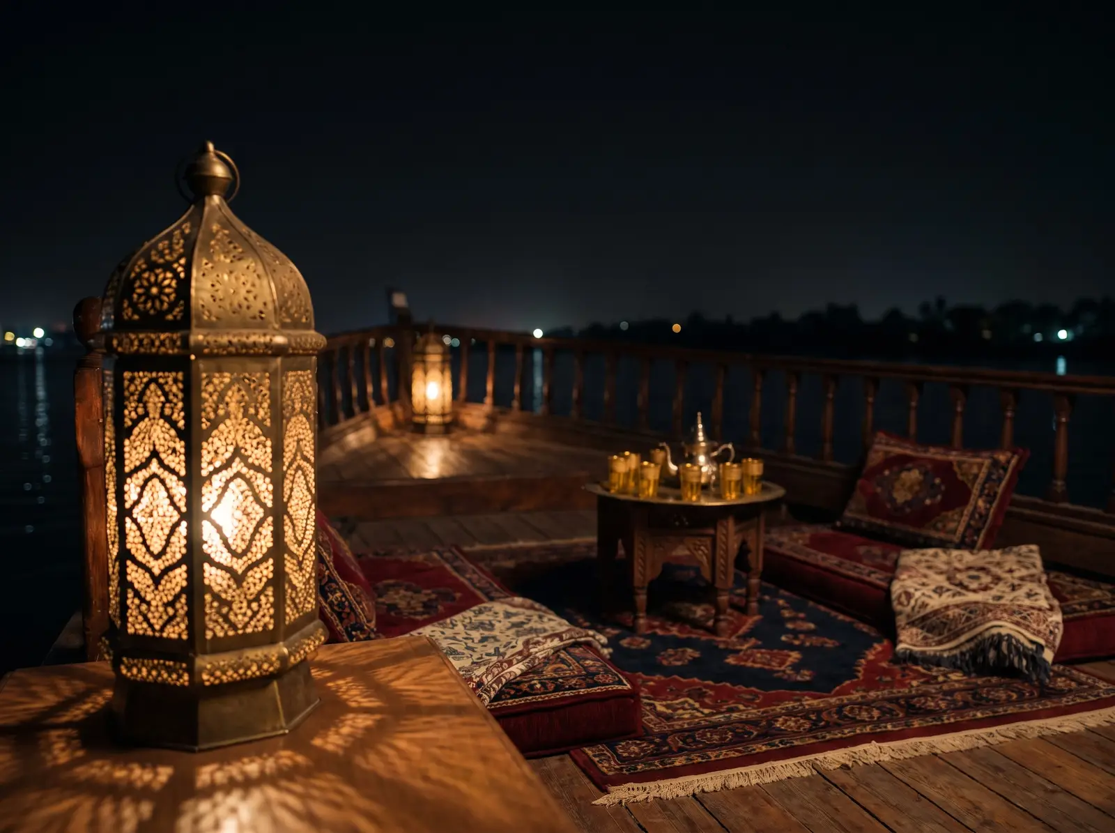 Lit brass lanterns on the deck of a Nile cruise ship at night