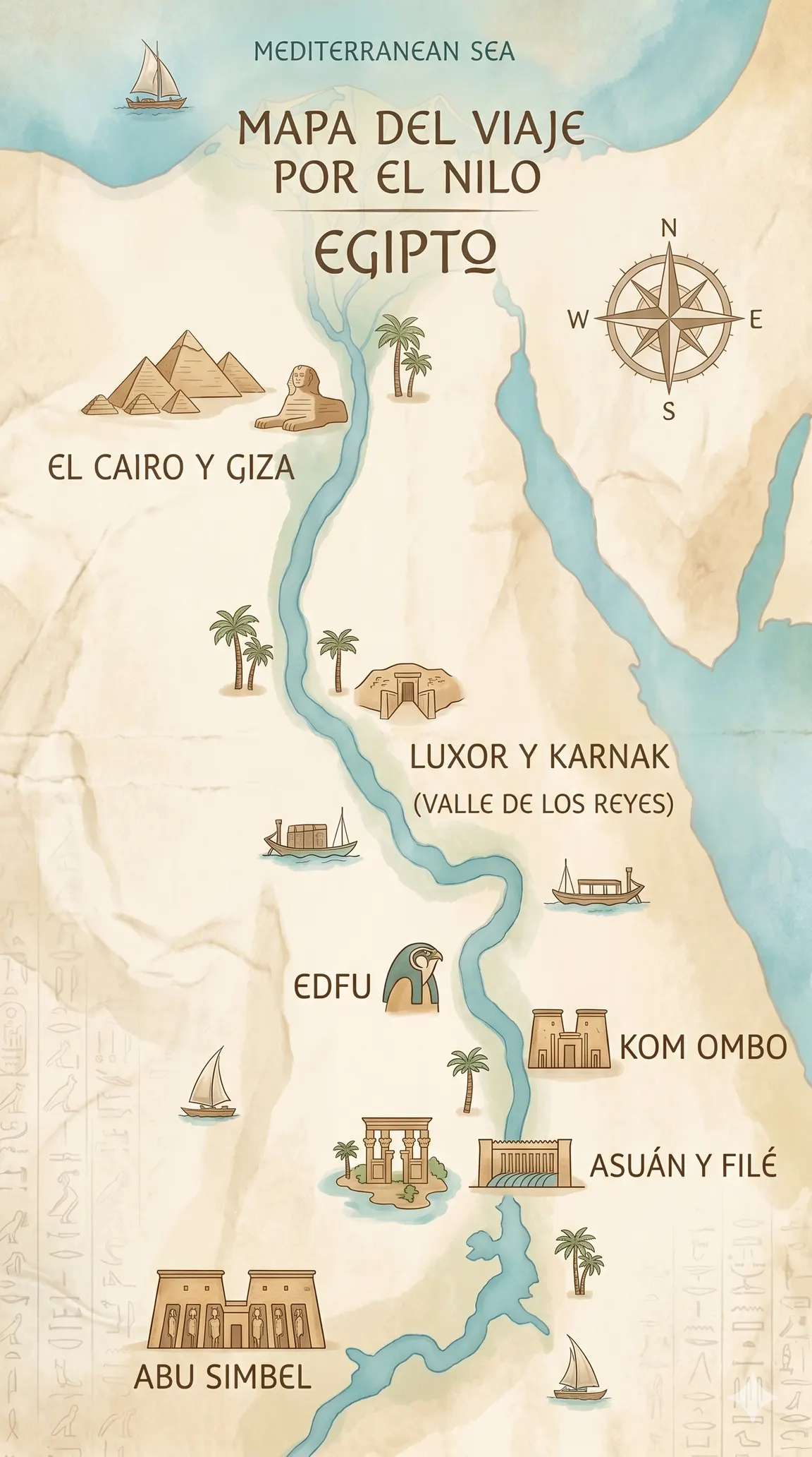 Illustrated map of the Nile journey: from Cairo and Giza to Abu Simbel, via Luxor, Edfu, Kom Ombo and Aswan.